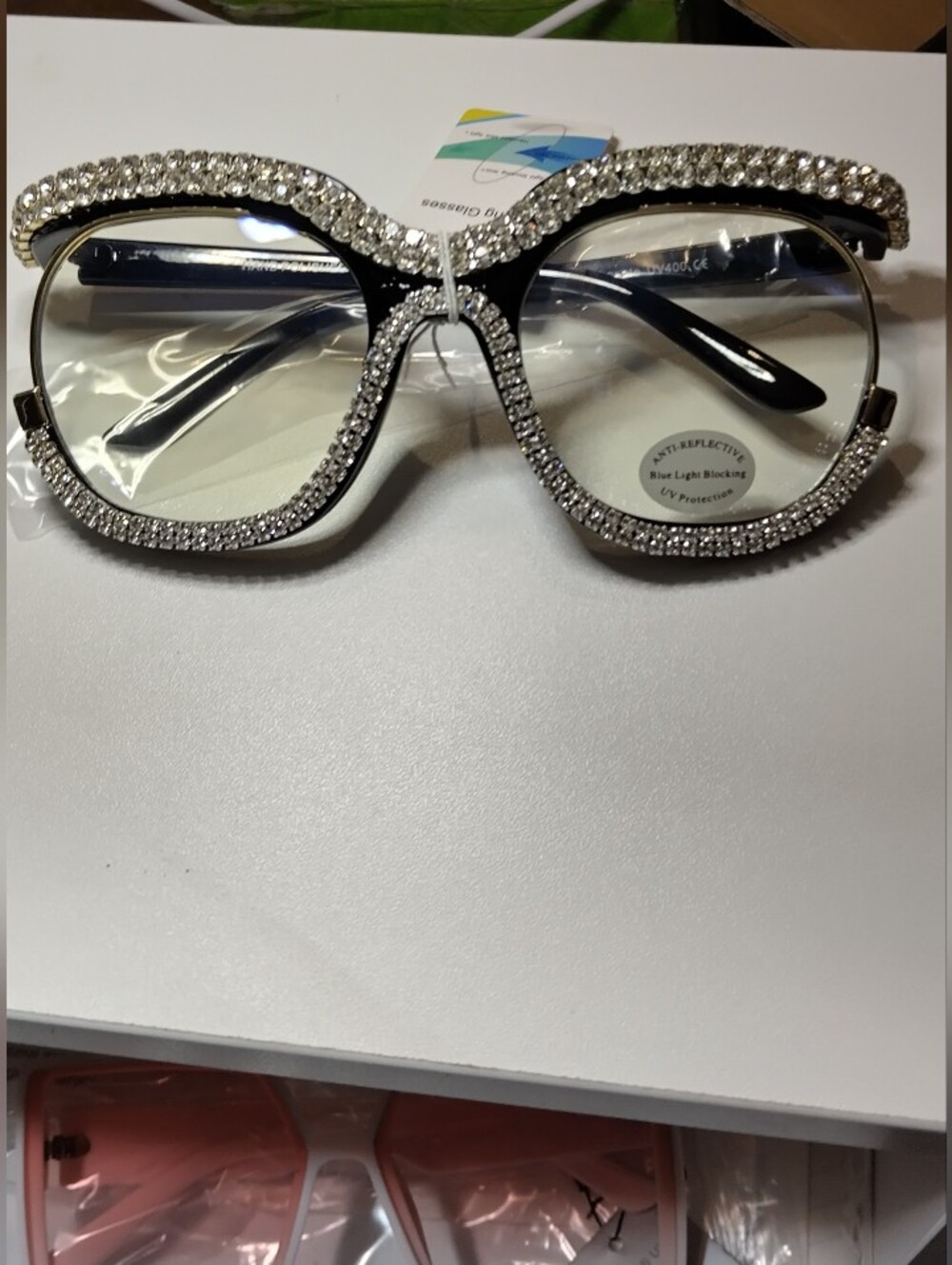 Crystal-Embellished Black Women's Blue Light Glasses